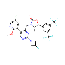 COc1ncc(Cl)cc1-c1cnc(N2CC(F)C2)nc1CN1C(=O)O[C@H](c2cc(C(F)(F)F)cc(C(F)(F)F)c2)[C@@H]1C ZINC000224808147