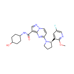 COc1ncc(F)cc1[C@H]1CCCN1c1ccn2ncc(C(=O)NC3CCC(O)CC3)c2n1 ZINC000165684935