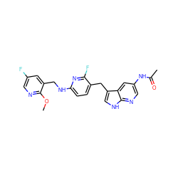 COc1ncc(F)cc1CNc1ccc(Cc2c[nH]c3ncc(NC(C)=O)cc23)c(F)n1 ZINC000117424916