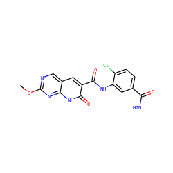 COc1ncc2cc(C(=O)Nc3cc(C(N)=O)ccc3Cl)c(=O)[nH]c2n1 ZINC000103250289