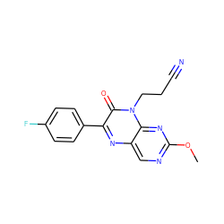COc1ncc2nc(-c3ccc(F)cc3)c(=O)n(CCC#N)c2n1 ZINC000004238441