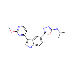 COc1nccc(-c2c[nH]c3ccc(-c4nnc(NC(C)C)o4)cc23)n1 ZINC000221748565