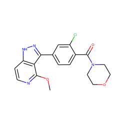 COc1nccc2[nH]nc(-c3ccc(C(=O)N4CCOCC4)c(Cl)c3)c12 ZINC000114772948