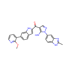 COc1ncccc1-c1ccc2cc(C(=O)c3cnn(-c4ccc5[nH]c(C)nc5c4)c3N)[nH]c2c1 ZINC000149893763