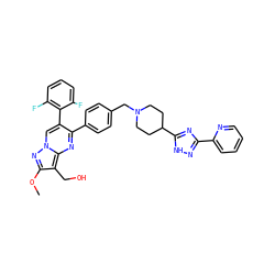 COc1nn2cc(-c3c(F)cccc3F)c(-c3ccc(CN4CCC(c5nc(-c6ccccn6)n[nH]5)CC4)cc3)nc2c1CO ZINC000143020017