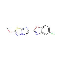 COc1nn2cc(-c3nc4cc(Cl)ccc4o3)nc2s1 ZINC000653753156