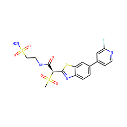 CS(=O)(=O)[C@@H](C(=O)NCCS(N)(=O)=O)c1nc2ccc(-c3ccnc(F)c3)cc2s1 ZINC000144037724