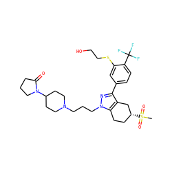 CS(=O)(=O)[C@@H]1CCc2c(c(-c3ccc(C(F)(F)F)c(SCCO)c3)nn2CCCN2CCC(N3CCCC3=O)CC2)C1 ZINC000049784187