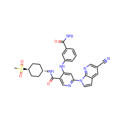 CS(=O)(=O)[C@H]1CC[C@H](NC(=O)c2cnc(-n3ccc4cc(C#N)cnc43)cc2Nc2cccc(C(N)=O)c2)CC1 ZINC001772630013