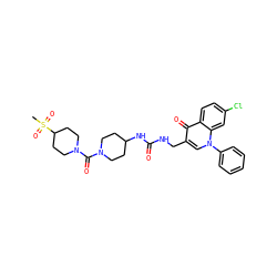 CS(=O)(=O)C1CCN(C(=O)N2CCC(NC(=O)NCc3cn(-c4ccccc4)c4cc(Cl)ccc4c3=O)CC2)CC1 ZINC000096170289