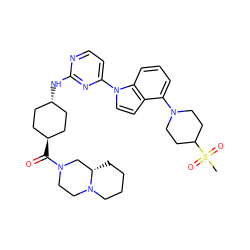 CS(=O)(=O)C1CCN(c2cccc3c2ccn3-c2ccnc(N[C@H]3CC[C@H](C(=O)N4CCN5CCCC[C@H]5C4)CC3)n2)CC1 ZINC000261091680