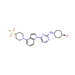 CS(=O)(=O)C1CCN(c2cccc3c2ccn3-c2ccnc(N[C@H]3CC[C@H](O)CC3)n2)CC1 ZINC000100628576