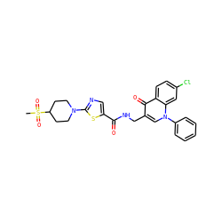 CS(=O)(=O)C1CCN(c2ncc(C(=O)NCc3cn(-c4ccccc4)c4cc(Cl)ccc4c3=O)s2)CC1 ZINC000096170184