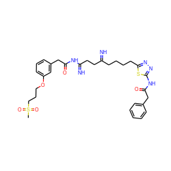 CS(=O)(=O)CCCOc1cccc(CC(=O)NC(=N)CCC(=N)CCCCc2nnc(NC(=O)Cc3ccccc3)s2)c1 ZINC000169698641