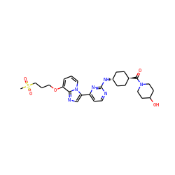 CS(=O)(=O)CCCOc1cccn2c(-c3ccnc(N[C@H]4CC[C@H](C(=O)N5CCC(O)CC5)CC4)n3)cnc12 ZINC000261135832