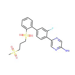 CS(=O)(=O)CCCS(=O)(=O)c1ccccc1-c1ccc(-c2cnc(N)cn2)c(F)c1 ZINC000224765473