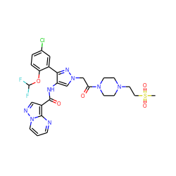 CS(=O)(=O)CCN1CCN(C(=O)Cn2cc(NC(=O)c3cnn4cccnc34)c(-c3cc(Cl)ccc3OC(F)F)n2)CC1 ZINC001772629409