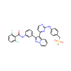 CS(=O)(=O)Cc1ccc(Nc2nccc(-c3c(-c4cccc(NC(=O)c5c(F)cccc5F)c4)nn4ccccc34)n2)cc1 ZINC000049626103