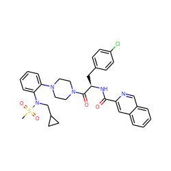 CS(=O)(=O)N(CC1CC1)c1ccccc1N1CCN(C(=O)[C@@H](Cc2ccc(Cl)cc2)NC(=O)c2cc3ccccc3cn2)CC1 ZINC000028333510