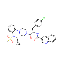 CS(=O)(=O)N(CC1CC1)c1ccccc1N1CCN(C(=O)[C@@H](Cc2ccc(Cl)cc2)NC(=O)c2cnc3ccccc3c2)CC1 ZINC000028334532