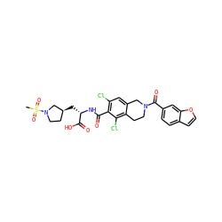 CS(=O)(=O)N1CC[C@H](C[C@H](NC(=O)c2c(Cl)cc3c(c2Cl)CCN(C(=O)c2ccc4ccoc4c2)C3)C(=O)O)C1 ZINC000066104464