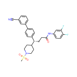 CS(=O)(=O)N1CCC([C@@H](CCC(=O)Nc2ccc(F)c(F)c2)c2ccc(-c3cccc(C#N)c3)cc2)CC1 ZINC000038157876