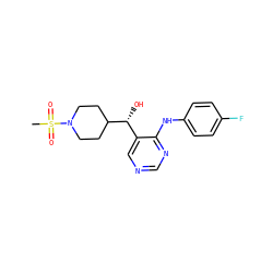 CS(=O)(=O)N1CCC([C@H](O)c2cncnc2Nc2ccc(F)cc2)CC1 ZINC001772570425
