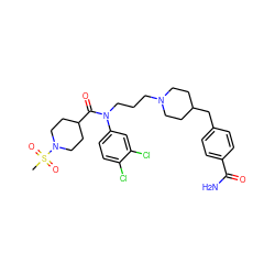 CS(=O)(=O)N1CCC(C(=O)N(CCCN2CCC(Cc3ccc(C(N)=O)cc3)CC2)c2ccc(Cl)c(Cl)c2)CC1 ZINC000038156567