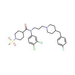 CS(=O)(=O)N1CCC(C(=O)N(CCCN2CCC(Cc3ccc(F)cc3)CC2)c2ccc(Cl)c(Cl)c2)CC1 ZINC000038156577