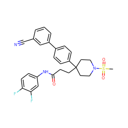 CS(=O)(=O)N1CCC(CCC(=O)Nc2ccc(F)c(F)c2)(c2ccc(-c3cccc(C#N)c3)cc2)CC1 ZINC000038157887