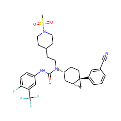 CS(=O)(=O)N1CCC(CCN(C(=O)Nc2ccc(F)c(C(F)(F)F)c2)[C@@H]2CC[C@]3(c4cccc(C#N)c4)C[C@@H]3C2)CC1 ZINC000028650091