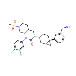 CS(=O)(=O)N1CCC(CN(C(=O)Nc2ccc(F)c(Cl)c2)[C@@H]2CC[C@]3(c4cccc(CN)c4)C[C@@H]3C2)CC1 ZINC000028650173