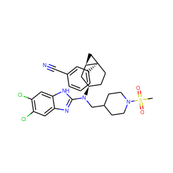 CS(=O)(=O)N1CCC(CN(c2nc3cc(Cl)c(Cl)cc3[nH]2)[C@@H]2CC[C@]3(c4cccc(C#N)c4)C[C@@H]3C2)CC1 ZINC000036351860