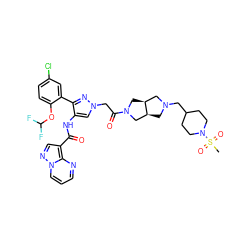 CS(=O)(=O)N1CCC(CN2C[C@H]3CN(C(=O)Cn4cc(NC(=O)c5cnn6cccnc56)c(-c5cc(Cl)ccc5OC(F)F)n4)C[C@H]3C2)CC1 ZINC001772574344