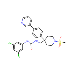 CS(=O)(=O)N1CCC(CNC(=O)Nc2cc(Cl)cc(Cl)c2)(c2ccc(-c3cccnc3)cc2)CC1 ZINC000028113805