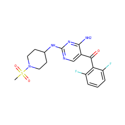 CS(=O)(=O)N1CCC(Nc2ncc(C(=O)c3c(F)cccc3F)c(N)n2)CC1 ZINC000014950275
