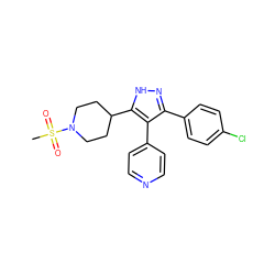 CS(=O)(=O)N1CCC(c2[nH]nc(-c3ccc(Cl)cc3)c2-c2ccncc2)CC1 ZINC000049068166