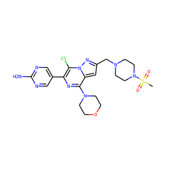 CS(=O)(=O)N1CCN(Cc2cc3c(N4CCOCC4)nc(-c4cnc(N)nc4)c(Cl)n3n2)CC1 ZINC000118155630