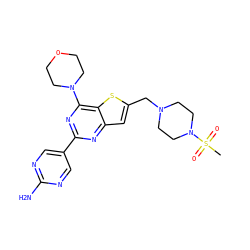 CS(=O)(=O)N1CCN(Cc2cc3nc(-c4cnc(N)nc4)nc(N4CCOCC4)c3s2)CC1 ZINC000049037663