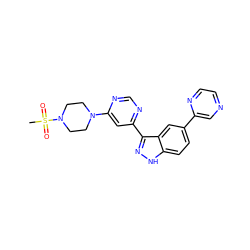 CS(=O)(=O)N1CCN(c2cc(-c3n[nH]c4ccc(-c5cnccn5)cc34)ncn2)CC1 ZINC000225571050