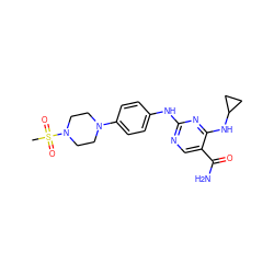 CS(=O)(=O)N1CCN(c2ccc(Nc3ncc(C(N)=O)c(NC4CC4)n3)cc2)CC1 ZINC000096170071