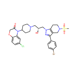 CS(=O)(=O)N1CCc2c(c(-c3ccc(Br)cc3)nn2C[C@H](O)CN2CCC(N3C(=O)COc4ccc(Cl)cc43)CC2)C1 ZINC000034804866