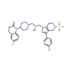 CS(=O)(=O)N1CCc2c(c(-c3ccc(Br)cc3)nn2C[C@H](O)CN2CCC(N3C(=O)NCc4cc(Cl)ccc43)CC2)C1 ZINC000003992198