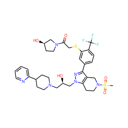 CS(=O)(=O)N1CCc2c(c(-c3ccc(C(F)(F)F)c(SCC(=O)N4CC[C@@H](O)C4)c3)nn2C[C@H](O)CN2CCC(c3ccccn3)CC2)C1 ZINC000049780876