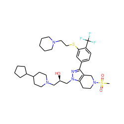 CS(=O)(=O)N1CCc2c(c(-c3ccc(C(F)(F)F)c(SCCN4CCCCC4)c3)nn2C[C@H](O)CN2CCC(C3CCCC3)CC2)C1 ZINC000049780782