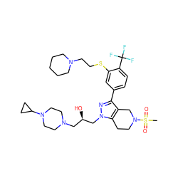 CS(=O)(=O)N1CCc2c(c(-c3ccc(C(F)(F)F)c(SCCN4CCCCC4)c3)nn2C[C@H](O)CN2CCN(C3CC3)CC2)C1 ZINC000049780798