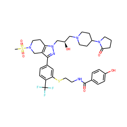 CS(=O)(=O)N1CCc2c(c(-c3ccc(C(F)(F)F)c(SCCNC(=O)c4ccc(O)cc4)c3)nn2C[C@H](O)CN2CCC(N3CCCC3=O)CC2)C1 ZINC000095535722