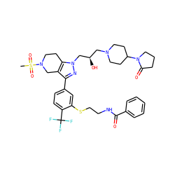 CS(=O)(=O)N1CCc2c(c(-c3ccc(C(F)(F)F)c(SCCNC(=O)c4ccccc4)c3)nn2C[C@H](O)CN2CCC(N3CCCC3=O)CC2)C1 ZINC000095539323