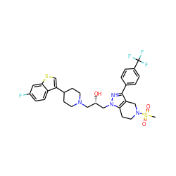 CS(=O)(=O)N1CCc2c(c(-c3ccc(C(F)(F)F)cc3)nn2C[C@@H](O)CN2CCC(c3csc4cc(F)ccc34)CC2)C1 ZINC000028824385