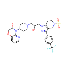 CS(=O)(=O)N1CCc2c(c(-c3ccc(C(F)(F)F)cc3)nn2C[C@H](O)CN2CCC(N3C(=O)COc4cccnc43)CC2)C1 ZINC000034804816